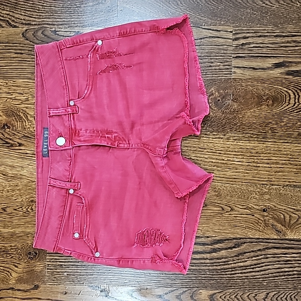 LEVEL 99 Adelynn Side Slit Tulip Red Distressed Denim Short - Picture 2 of 12